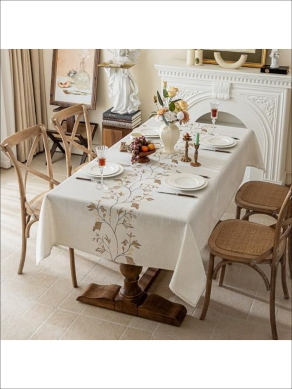 Waterproof Linen Blend Tablecloth Beige Rustic Embroidery Rectangle 55x86